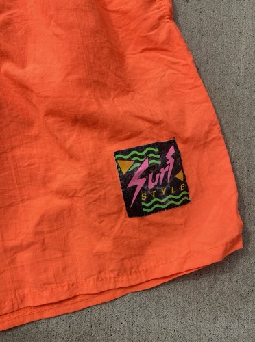 Vintage Neon Orange Nylon Shorts Surf Style Geometric Neon Logo Size L 80s 90s - Picture 3 of 24