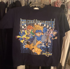 Vintage 2000s DIGIMON Tai Matt Joe Gabumon Gomamon Black Kids Graphic Tee Shirt