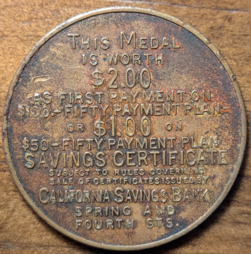 Los Angeles, California CA California Savings Bank Tower of Strength Trade Token - Picture 2 of 2