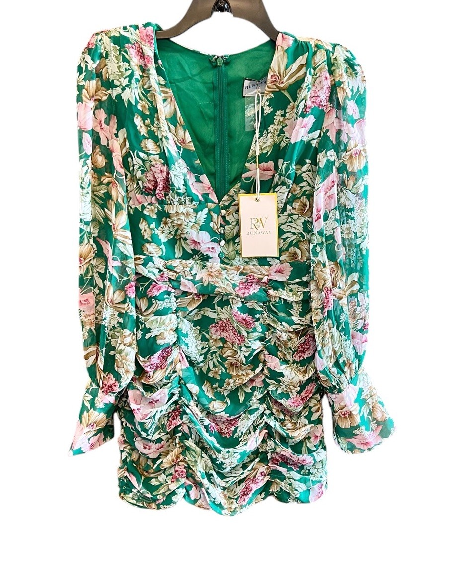 runaway the label green mini dress Maria Cher Ruched Long Sleeve Midi Dress Green Floral Print Crepe Size Medium main image 1