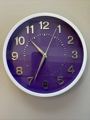 Wooden Wall Clock Silent Non-Ticking Purple Silver Numbers And Hands