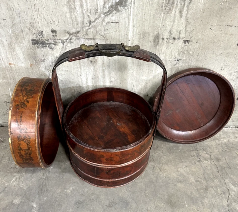 Vintage Asian Large Wedding Basket Chinese Wood Designs - 3 tiers - 24"H - Image 4 of 4