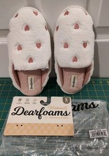 Dearfoams Womens Slippers White w/Pink Hearts SMALL 5 - 6 Slip On Memory Foam