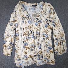 American Eagle Peasant BOHO Shirt Medium Floral Print Lace 3/4 Sleeve Relaxed