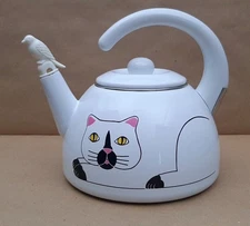 Vintage Kamenstein White Cat Metal Teapot Whistling Bird READ! DISPLAY
