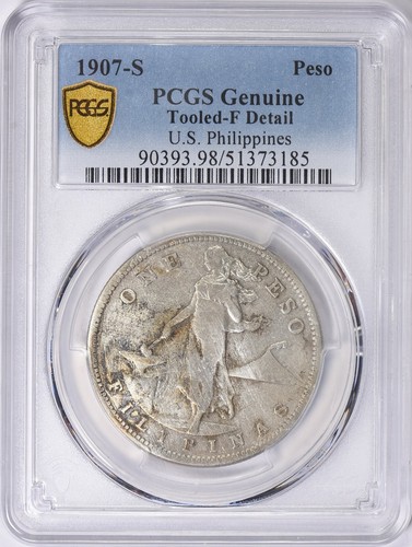 1907 S US/Philippines Peso Manila Bay War Salvage PCGS F Detail Tooled Barnacles