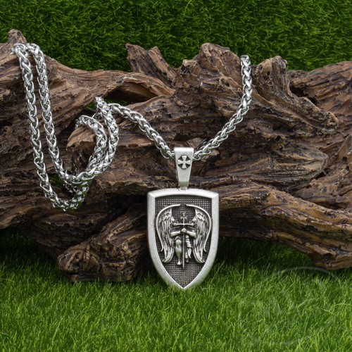 Archangel Saint St Michael Medal Shield Pendant Necklace Stainless Steel Chain - Picture 4 of 11