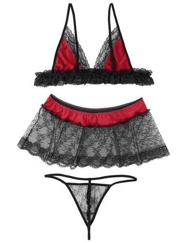 Männer Sissy Spitze Lingerie Set BH mit Mini Rock und String Slip Reizwäsche - Bild 29 von 72