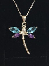 925 Solid Sterling Silver    Blue Purple Butterfly  Pendant Necklace Italy 16  