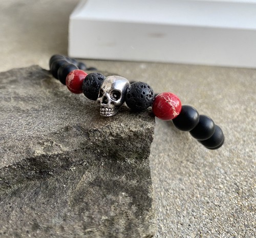 Men's Skull Beaded Bracelet Black Onyx and Lava Beaded Stretch Bracelet 8mm - Picture 4 of 5