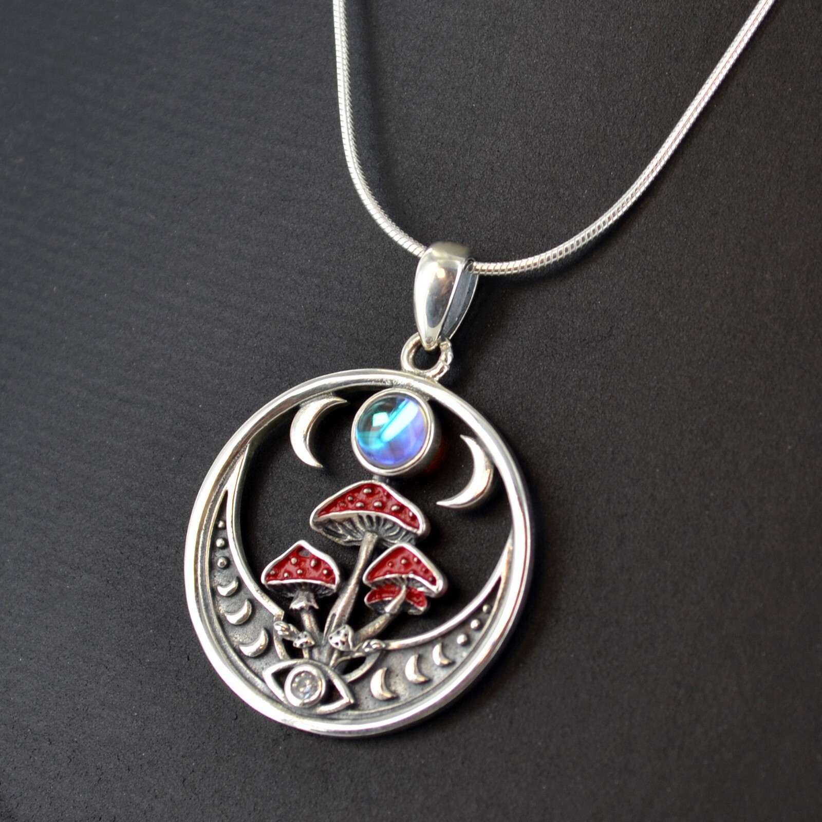 Mushroom & Opal 925 Sterling Silver Pendant Chain Not Included Spiritual