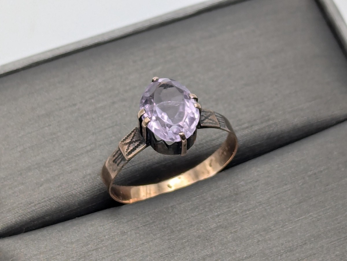 Antique 10k Gold Solitaire Amethyst Stone Cabochon Ring Victorian
