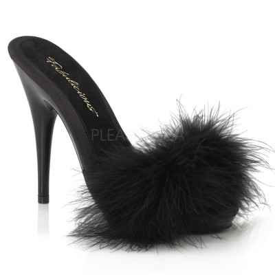 Fabulicious POISE-501F Satin-Maribou Fur 5'' High Heel Platform Slide Sandal.