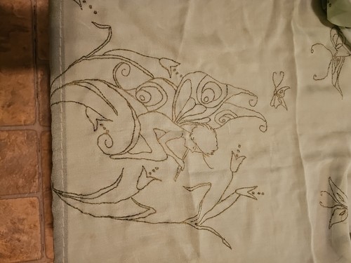 Vintage Silky Light Green Embroidered Pixies And Butterfly Scarf - Picture 3 of 4