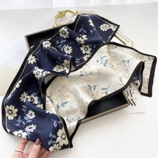 Double Sided 100% Silk Long Scarf Women Blue White Flower Neckerchief 150*15cm
