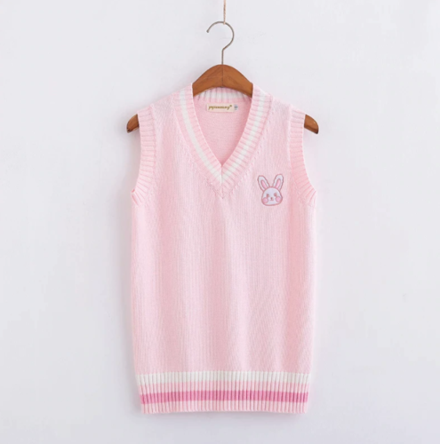 Chaleco Bordado Cara de Conejo Rosa Kawaii Elastizado Tejido Sin Mangas Top Pullover - Imagen 1 de 10