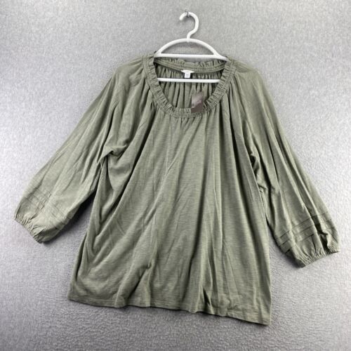 J Jill Peasant Top Blouse XL Green Pleated Sleeve Elastic Cuff Pullover NEW