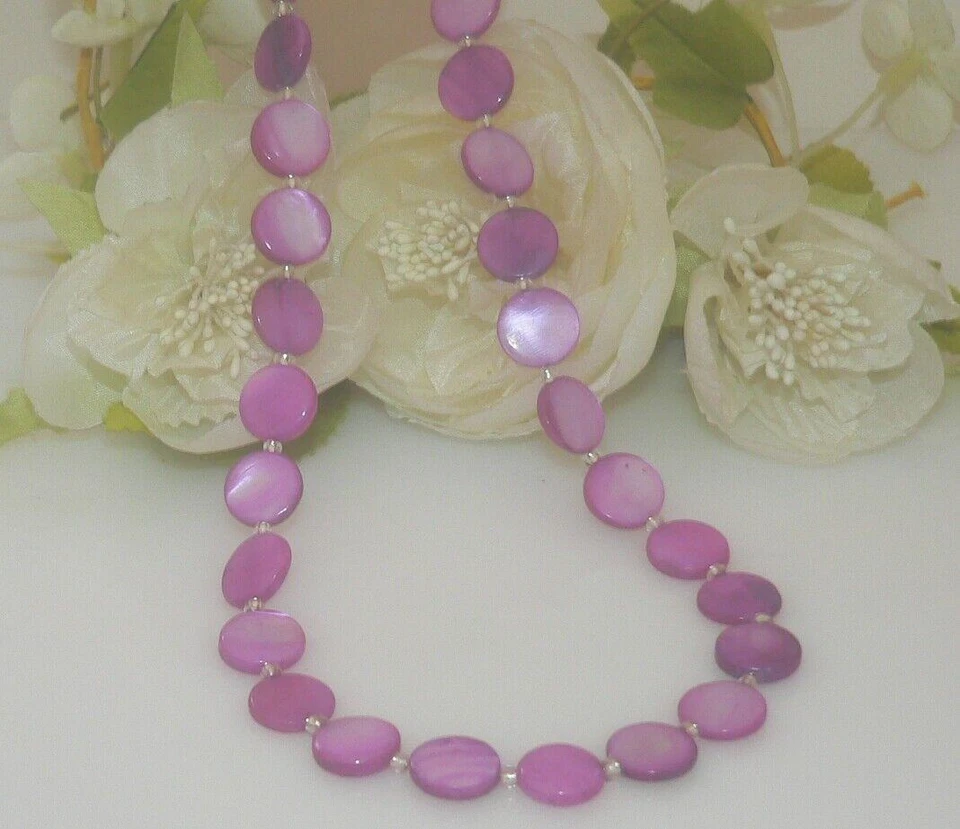 Halskette Kette Collier  Muschel Perlmutt  Scheibe Ø12mm violett pink  405t - Bild 3 von 4