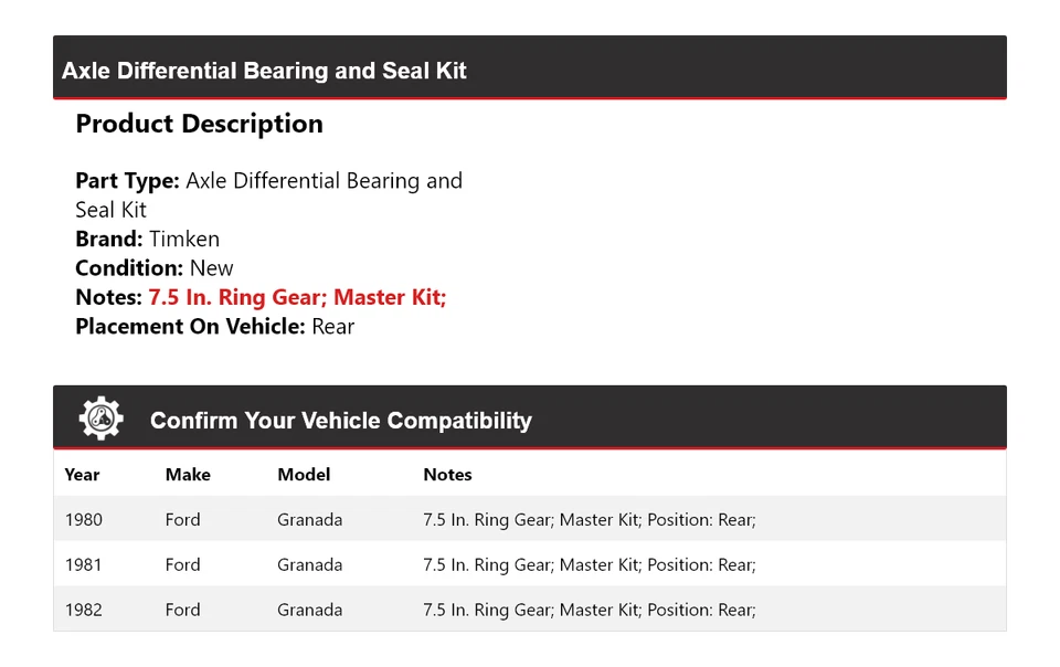 Kit de cojinete y sello diferencial eje trasero Timken para Ford Granada 1980-1982 Foto 2 de 3