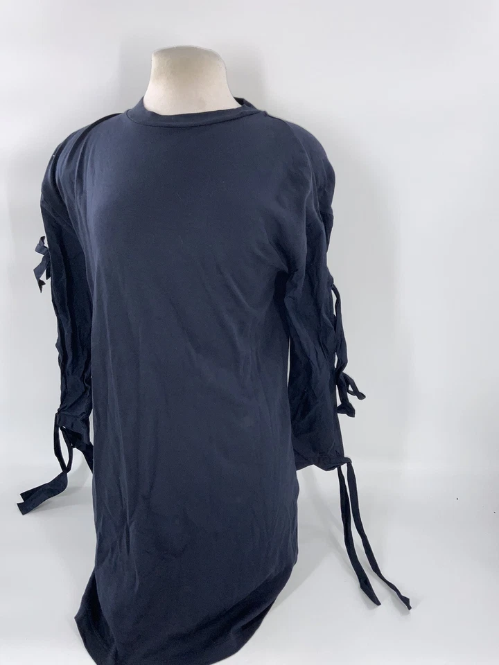 Tory Burch Dress XS Navy Blue Cotton Crew Long Sleeve Ribbon India YGI J2-92 - Image 2 of 4