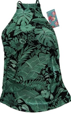 New Hapari Women's High Neck Floral Print Tankini Swim Top EH6 Green Small NWT
