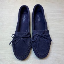 Minnetonka Womens 11 Kilty Moccasin Suede Navy Blue Fringe Flat Loafer 409T Shoe