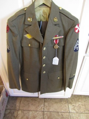 VINTAGE MILITARY JACKET COAT WW2 27TH INFANTRY DIV. RIBBONS MEDAL HAT PATCHES #3