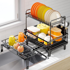 Estante de secado de platos de fregadero expandible para mostrador de cocina, negro de 2 niveles