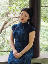 Plus Size Navy Blue Qipao Dress – New Chinese Style Short-Sleeve Cheongsam
