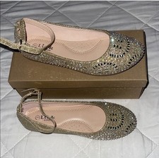 Link Girls Gold Rhinestone Glitter Ballet Flats with Ankle Strap