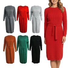 Women’s Cable Knitted Midi Dresses Ladies Pocket Tie up Long Jumper Dress