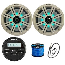 Kicker KMC2 Marine AM/FM Receiver, 2x 8" 300W LED White Speakers, Wire, Antenna