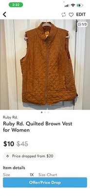 Ruby Rd. Quilted Brown Zip Vest for Women Plus Size 1X Diamond Pattern
