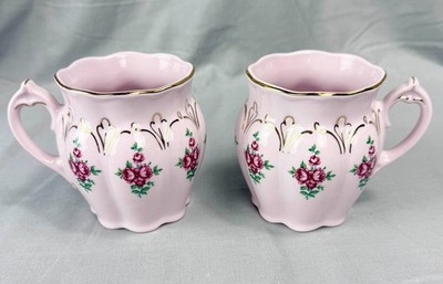H&C Haas Czjzek PINK ROSES Porcelain SET 2 Cups CZECHOSLOVAKIA Gold Trim Floral