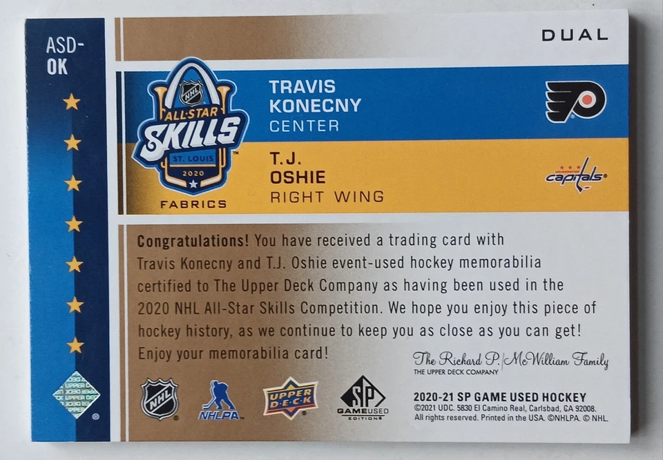 2020-21 SP Game Used All-Star Skills Dual Patch Konecny / Oshie /25 Flyers Caps - Image 2 of 2