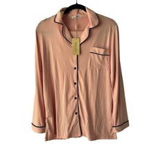 EKOUAER Pajama Top Sleepwear Button Down Long Sleeve Pink Black Trim