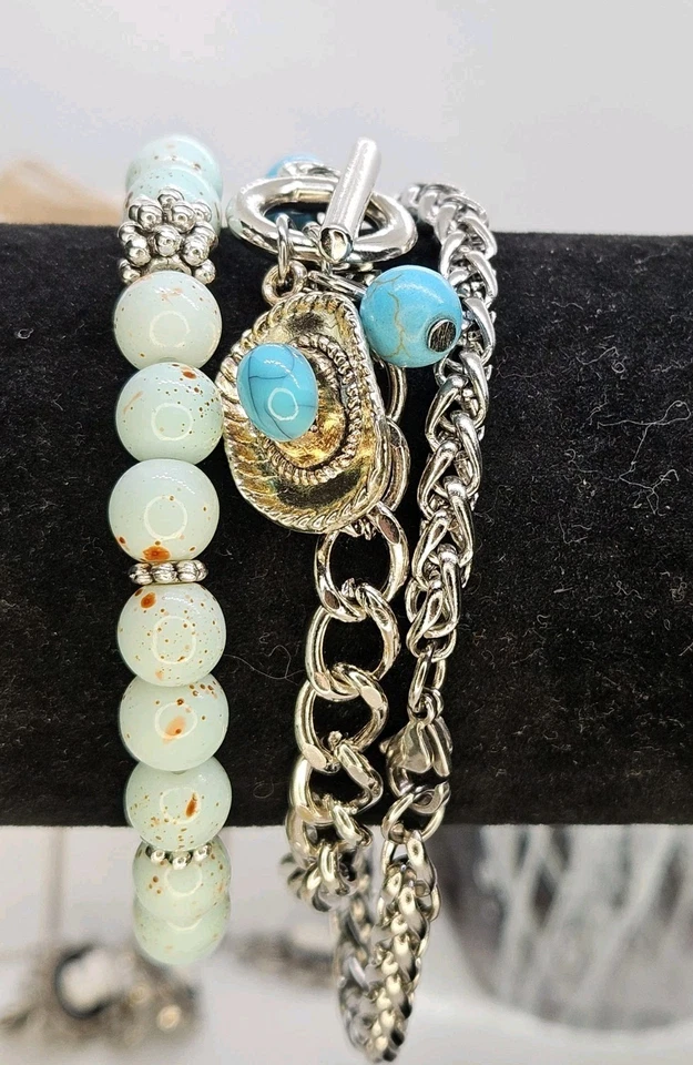 Потрясающе красивый набор из 3 синих бирюзовых браслетов с серебряным опаливым кольцом - Изображение 2 из 4