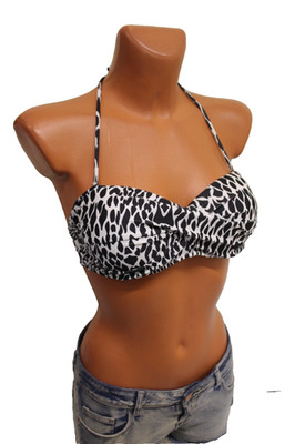 Bikini Oberteil S 36 B Push Up Neckholder BH Bademode schwarz weiß Tiger Muster