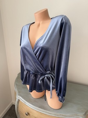 Lauren Conrad Velvet Velour Top Womens S Blue V Quiet Luxury Preppy Career Waist