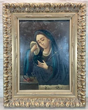 Antique Mexican Retablo Mater Dolorosa Sorrowful Virgin c1850 Oil on Tin Art 19"