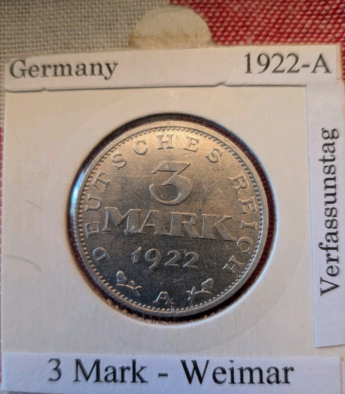 1922 A German 3 Mark Weimar Aluminum In Great Condition