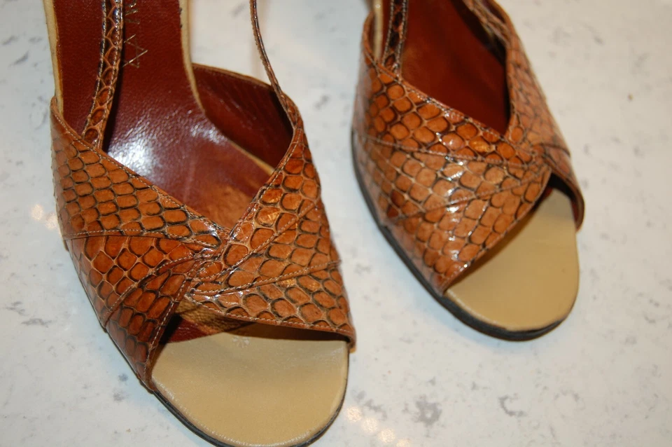 Sexy! ZAPATOS DE TACÓN ALTO DISCOTECA DE COLECCIÓN AÑOS 70 MARRÓN PIEL DE SERPIENTE REAL PUNTA ABIERTA 37/7? Foto 2 de 4