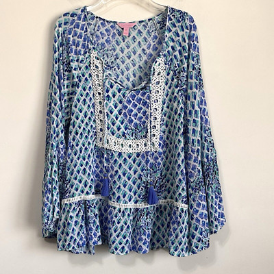 Lilly Pulitzer Amisa Blouse Top M Blue Bell Sleeve Tassel Popover Summer Preppy