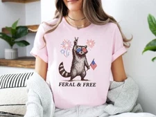 Feral & Free Raccoon T-Shirt,Funny 4th of July Shirt, American Feral Girl Summer