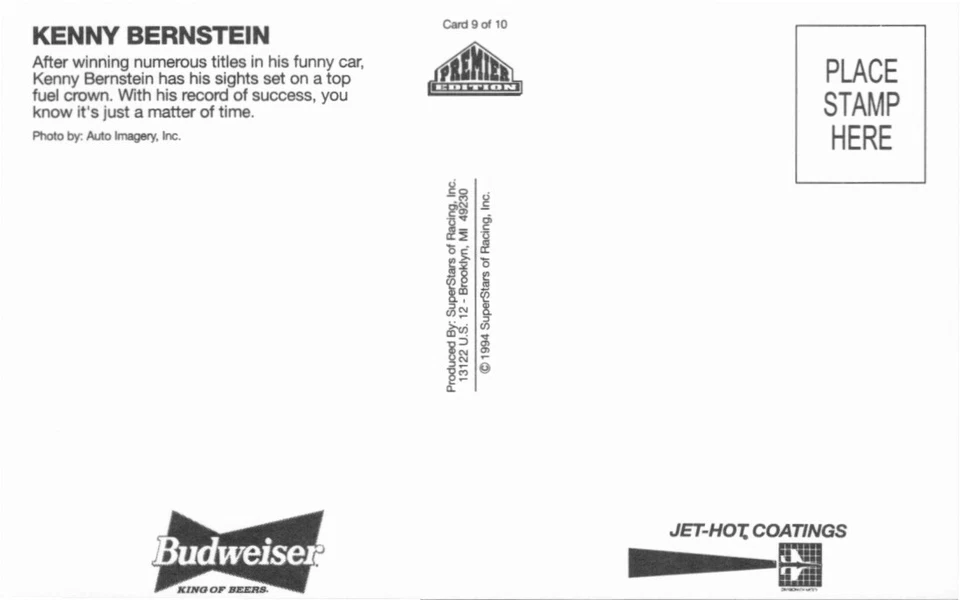 Tarjeta postal divertida Kenny Bernstein 1994 Budweiser Race Team NHRA Foto 2 de 2