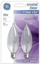 GE 66104 25 Watt 2 Pack Crystal Clear Bent Tip Candelabra Base Light Bulbs