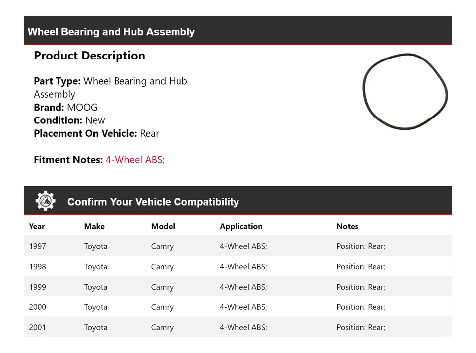 Подшипник колеса и ступица в сборе задние для Toyota Camry 1997-2001 годов выпуска MOOG 1997 1998 - Изображение 2 из 4