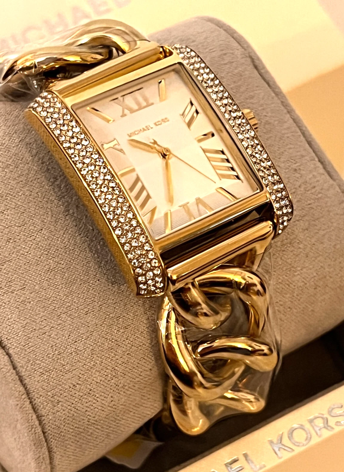 Orologio MICHAEL KORS MK7300 catena oro smerigliato bracciale cristallo glitter nuovo con etichette scatola $250