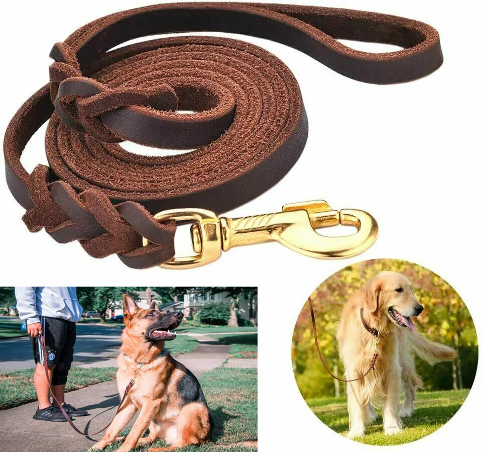 Genuine Leather Dog Leash Braided Training Lead Traction Rope Medium Large  Dogs