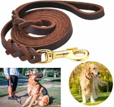 Genuine Leather Dog Leash Braided Training Lead Traction Rope Medium Large Dogs